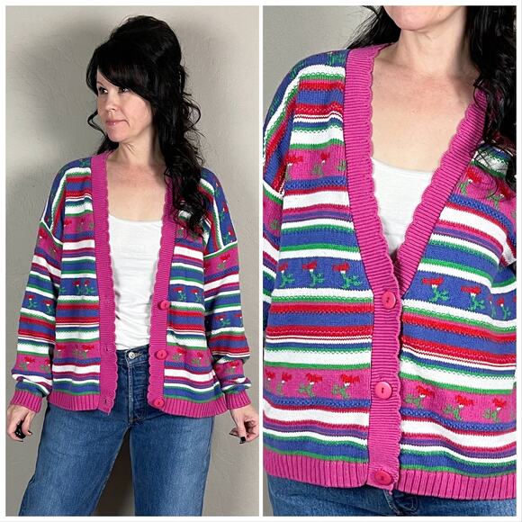 Vintage Sweaters - Vintage 1980s Multicolor Floral and Stripe Cotton Cardigan